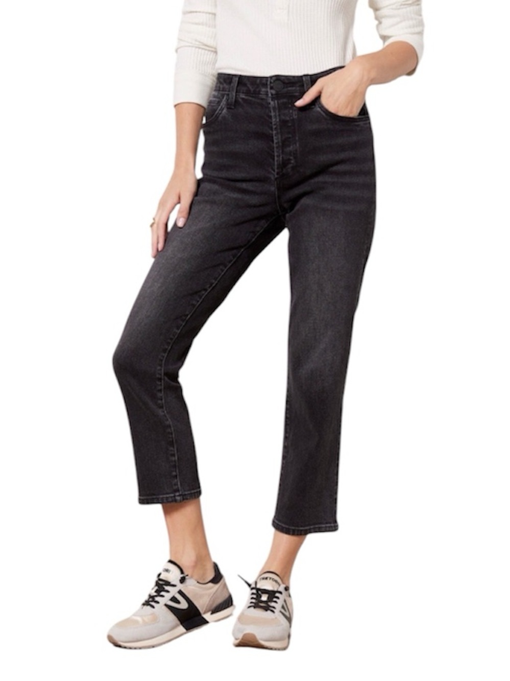 KUT from the Kloth High Rise Straight Leg Crop Rosa Jeans Black Stretch 14